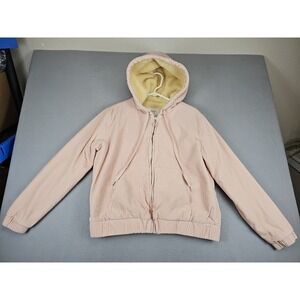 Forever 21 Corduroy Hooded Jacket Women's Size Large Pink Fleece Lined Full Zip